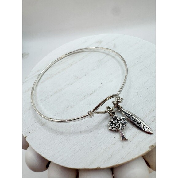 Sterling Silver Dainty Bangle Bracelet With Love And Tree Charms Hook Closure - Picture 4 of 8
